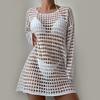 Summer Sexy Bikini Cover Up O-neck Long Sleeve Crochet Beach Dress Solid Color See-through Hollow Swimsuit Cover Up