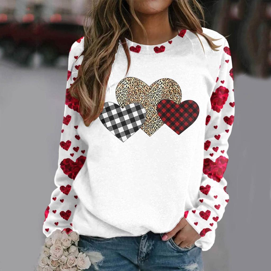 Женский повседневный пуловер с круглым вырезом и длинными рукавами, футболка с принтом ко Дню святого Валентина, топ