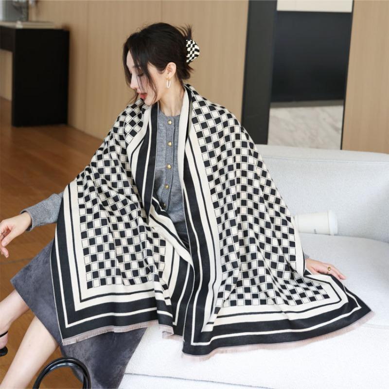 Autumn and Winter Scarf Women's New Imitation Cashmere High-end Checkerboard Shawl Scarf Dual-purpose Thickened Warm Scarf