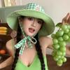 Милая клетчатая панамка на завязках корейская версия ins с широкими полями детская свежая и универсальная двусторонняя можно носить