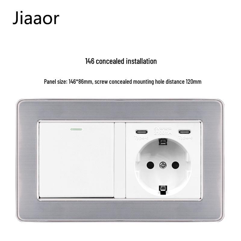 Европейский стандарт 86 тип Панель из нержавеющей стали для двойного выключателя и розетки с USB-C, Немецкий стиль, Встраиваемый настенный монтаж.