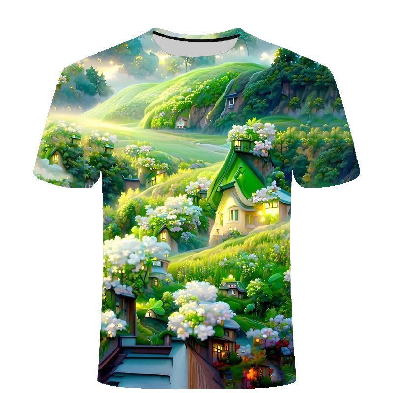 2024 Summer New Spring/Summer Landscape Series 3D Digital Printed T-shirt for Casual and Comfortable Men and Women Round Neck T-shirt
