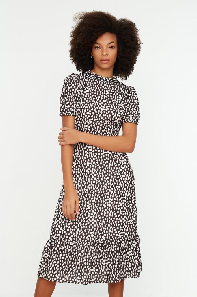 Women's Fashion New Dress Green Floral Patterned A-Line Flounce Lined Midi Woven Dress