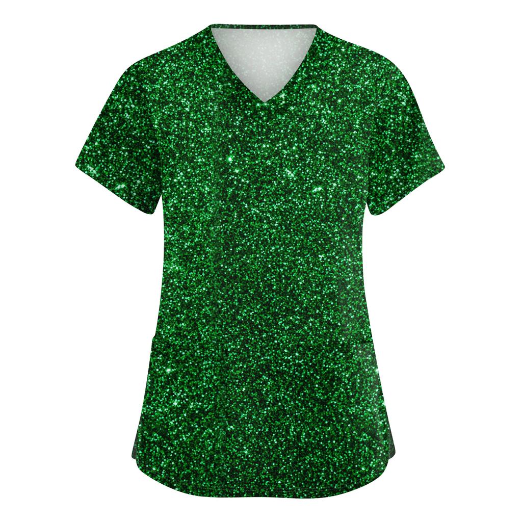 Ladies' St. Patrick Print Fashionable V-neck Pocket Short Sleeved Uniform And Caregiver Top