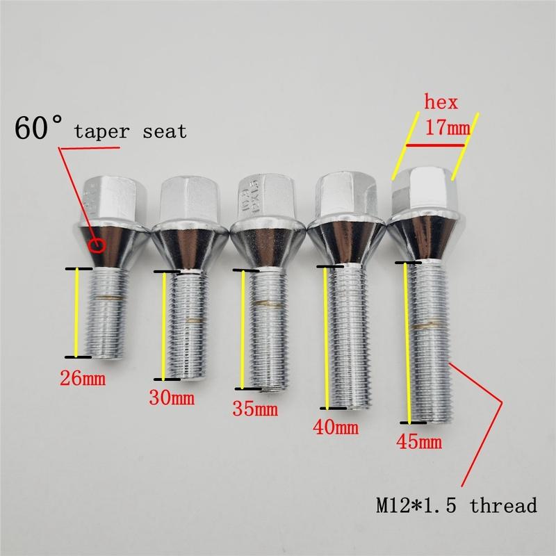 4PCS Alloy Wheel Bolts Nuts Lugs M12 X 1.5, 17mm Hex, Cone Taper Seat For Dacia Fiat Lotus Maserati Nissan Renault Mini Suzuki