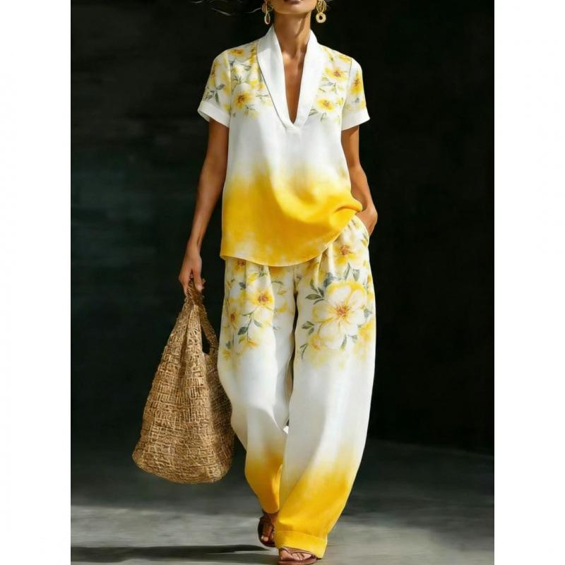 TEMU Hot Sale Women's V-Neck Pullover Short Sleeve Pants Set India Two-piece Set 1D Digital Printing