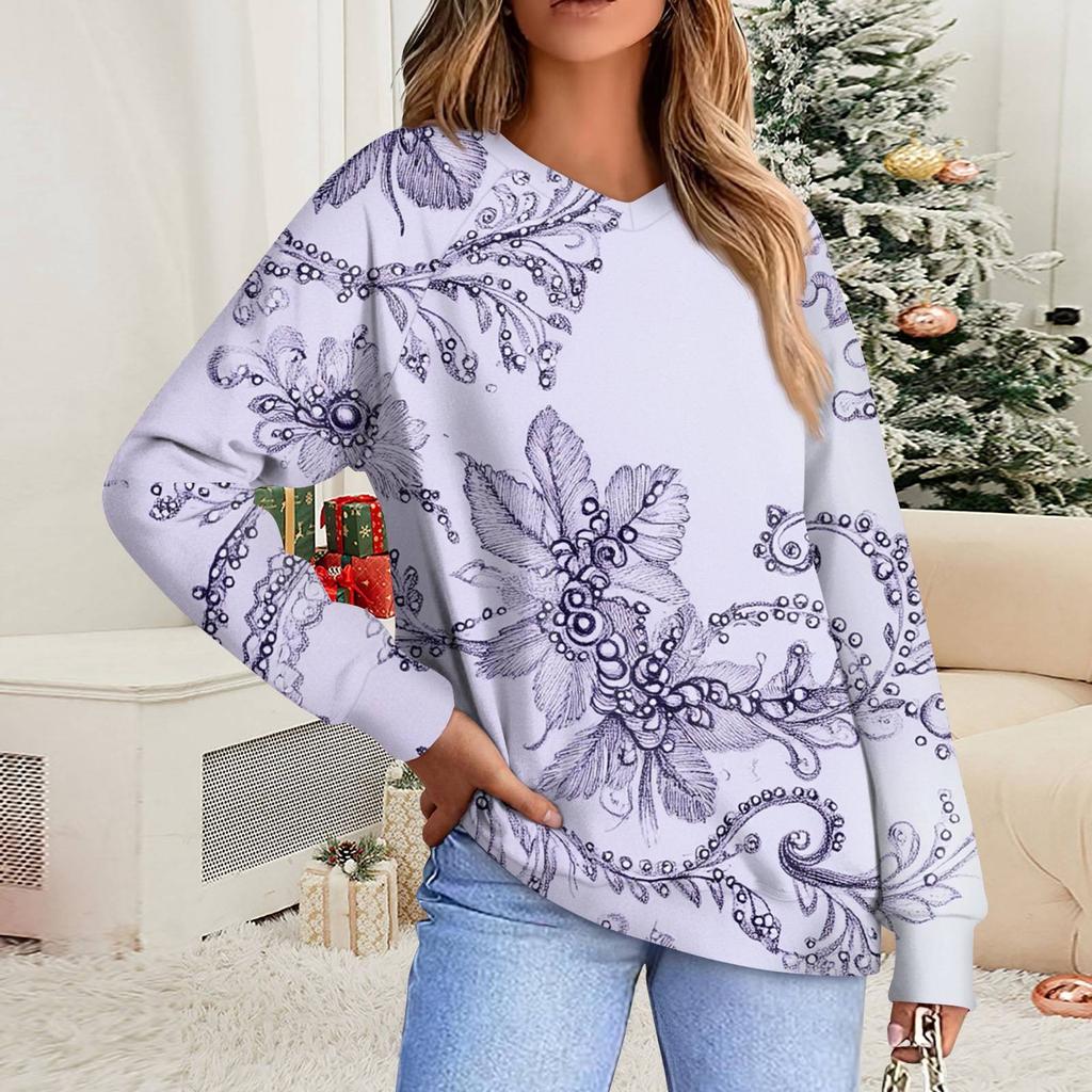 Женская повседневная свободная толстовка с цветочным принтом в полоску и градиентом, с круглым вырезом и длинными рукавами