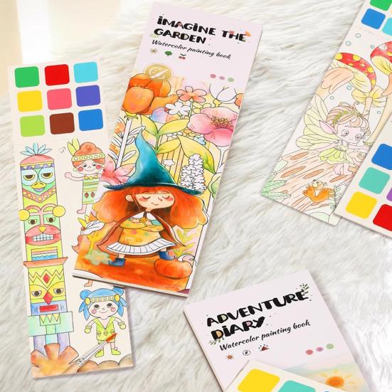 Детская акварельная раскраска с пигментной кисточкой, 20 страниц, портативная карманная тетрадь для рисования акварелью, подарок для малышей и девочек