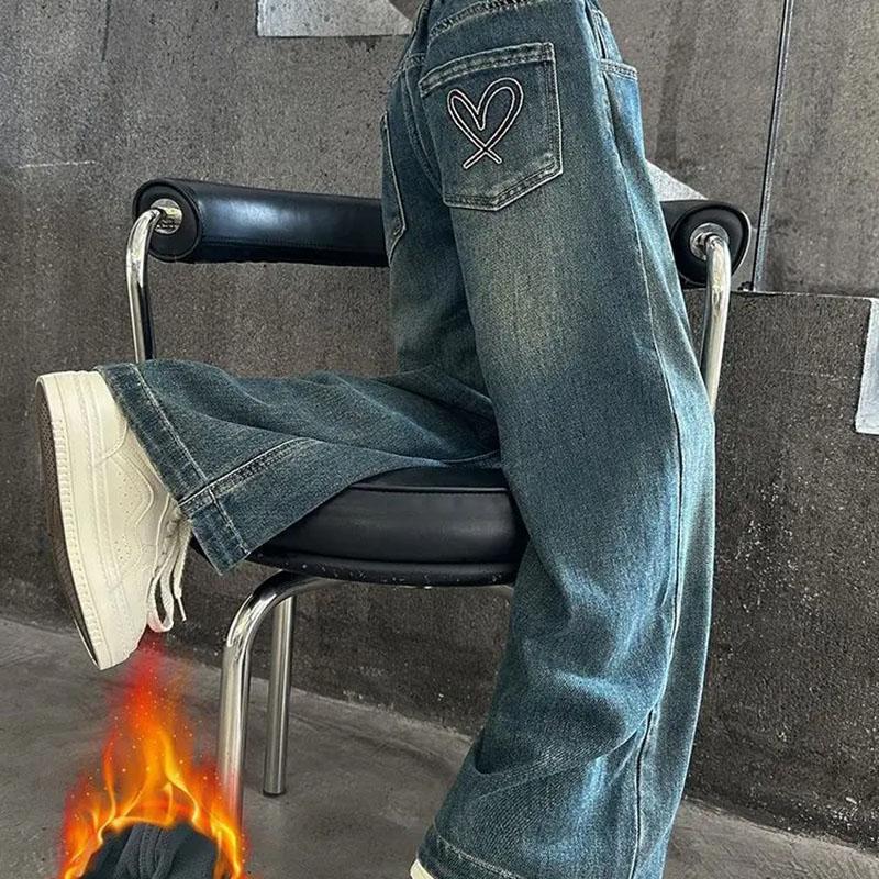 Детские зимние утепленные джинсы с вышивкой в виде сердца и карманами для девочек, теплые брюки для детей с флисовой подкладкой, плотные джинсы для подростков