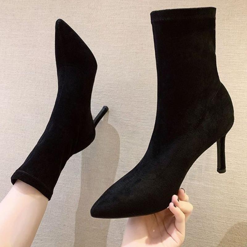 Women's Ankle Boots Elegant With Medium Heels Short Shoes For Woman Elastic Footwear Suede Sock Booties Stylish Y2k Pu Hot