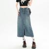 Women's High Waist A-Line Denim Midi Skirt with Slit and Pockets