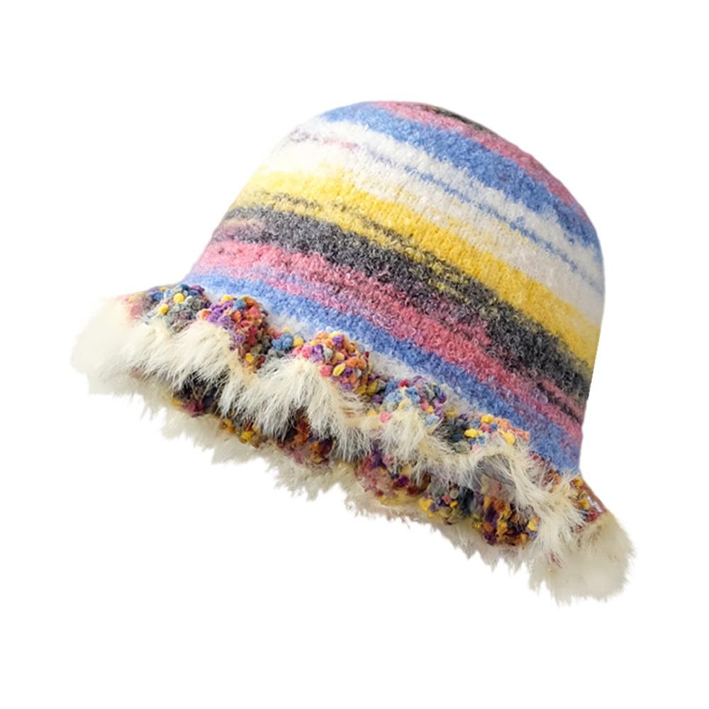 Gradient Striped Ladies Knitted Hat Retro Oil Painting Colour Hat Fashion Bucket Hat Outdoor
