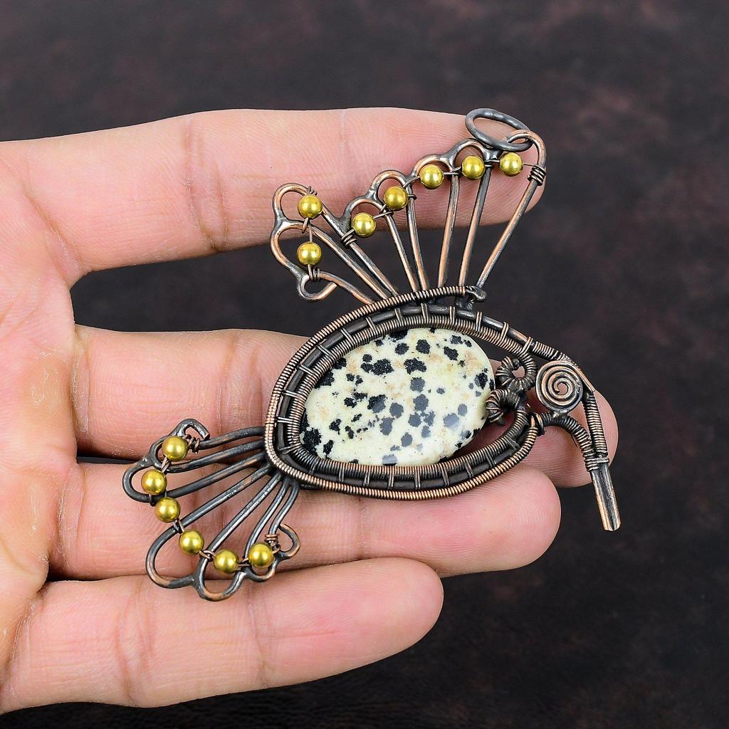 Подвеска из далматинской яшмы, обернутая медной проволокой, ручная работа, украшение из натурального драгоценного камня, стильное медное украшение, подвеска с птицей для подарка