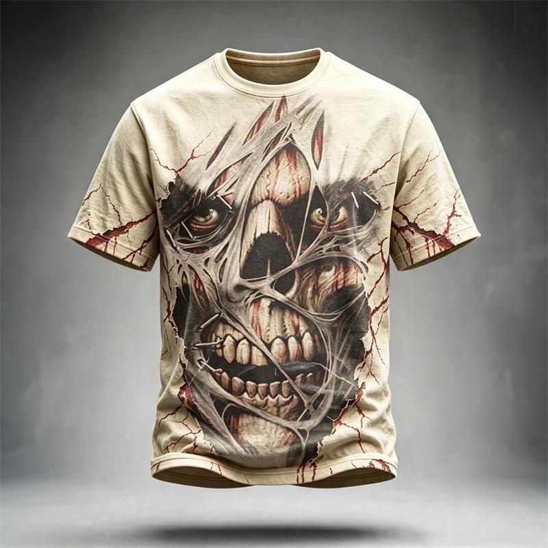 Men's Casual Round-Neck Short-Sleeve T-Shirt Trendy Men's Top with Flame and Skull Print Shirt for Holiday Parties