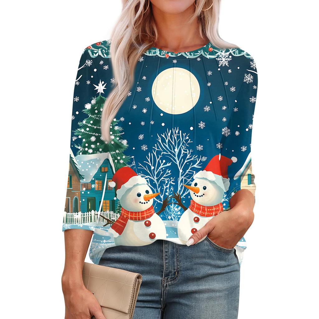 Women's Fashionable Round Neck 3/4 Sleeve Christmas Prints Casual Basic Pleated Pullover T-shirt Top