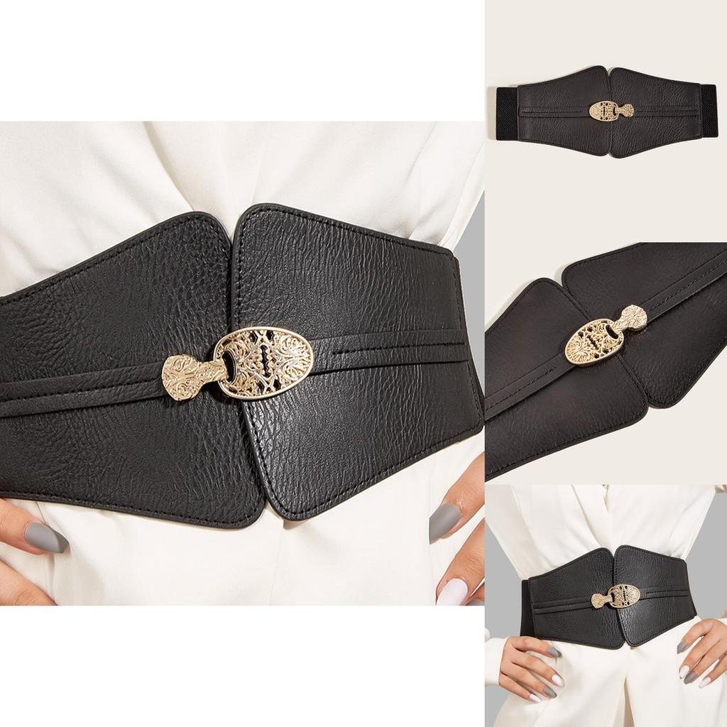 Fashion Gold Buckle Decoration Women Casual Black Faux Leather Belt For Dress And Coat Fashion Accessory