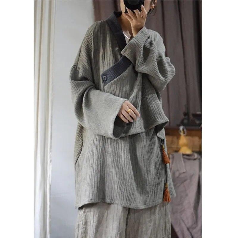 Johnature Рубашка в китайском стиле, осенняя женская модная винтажная однотонная свободная повседневная рубашка