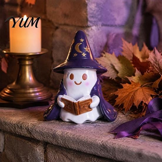 Whimsical Ghost Sculpture Lighted Figurine, Resin Wizard Statue with LED Light, Cute Indoor Halloween Accessories Reading Book Night Light for