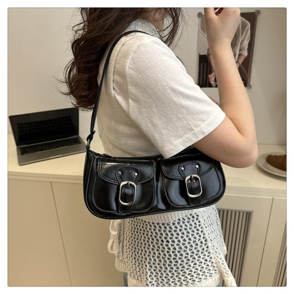 Double Pockets Pu Leather Shoulder Bag Y2k Zipper Handbag Fashion Women's Armpit Bag Commuting