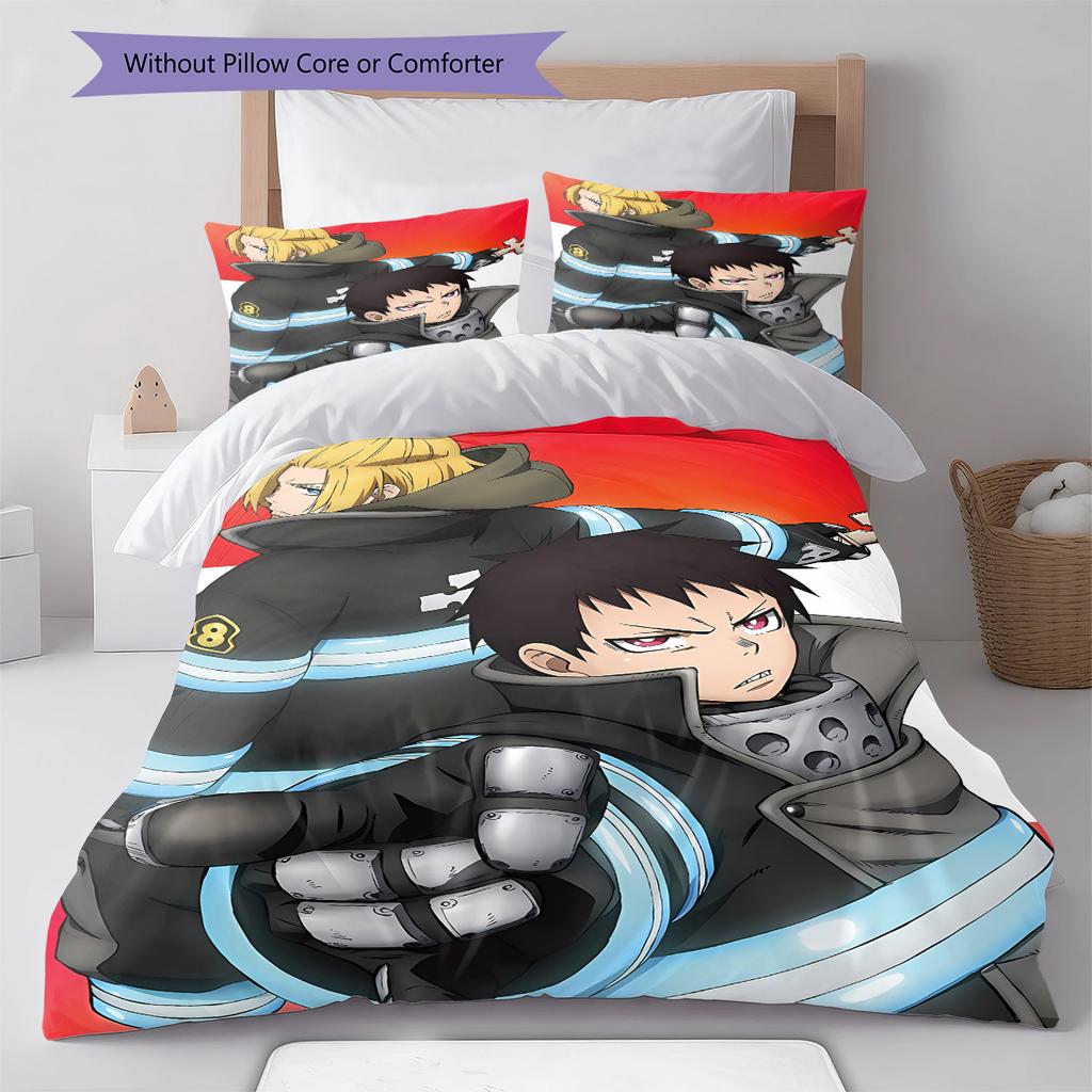 Fire Force Pattern Bedding,Quilt Set Quilt Cover Pillowcase Home Birthday Gift (1 * duvet cover + 2 * pillowcase, without core)
