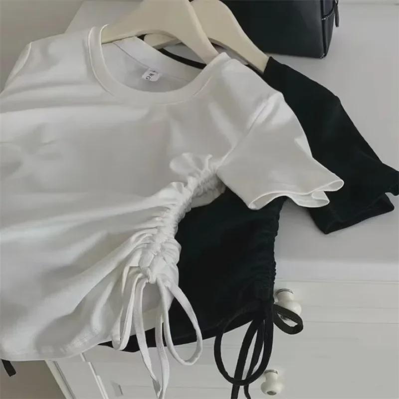 Женская тонкая однотонная футболка с коротким рукавом и завязками - корейский стиль