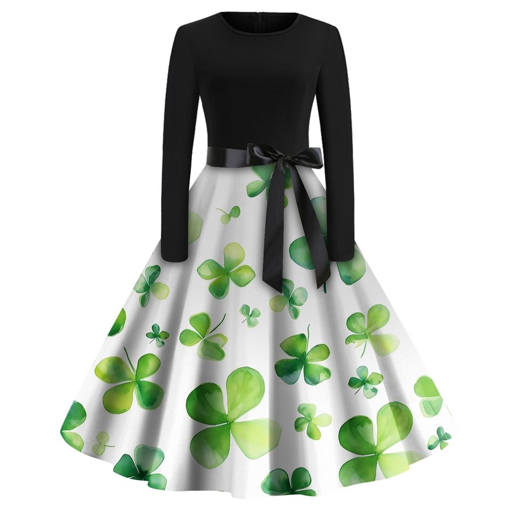 Women's Fashion Round Neck Casual Slim St Patrick's Day Printed Long Sleeve Dresses