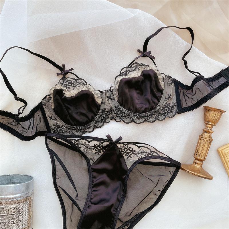 Французский сексуальный атласный бюстгальтер с вышивкой, комплект женского ультратонкого кружевного нижнего белья с цветами, романтический бюстгальтер без косточек, дышащий комплект из бюстгальтеров и трусиков