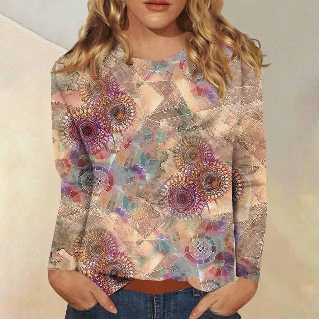Женская модная повседневная футболка с круглым вырезом и длинным рукавом с принтом, топ