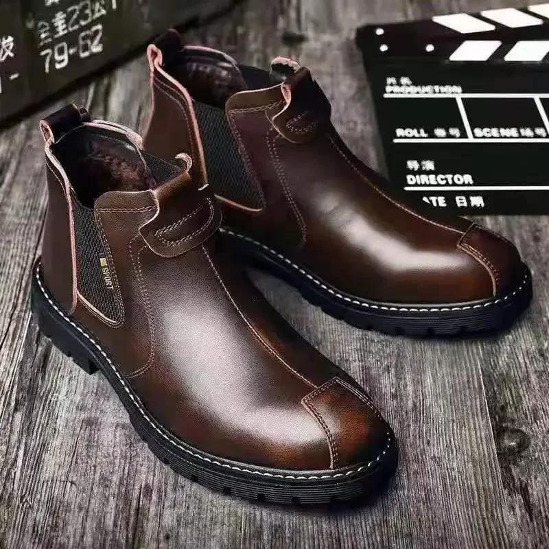 Fashion High Quality Retro Men Ankle Boots British Chelsea Business Casual Leather Shoes Fashion Comfortbale Thick Sole Work Boots Botas