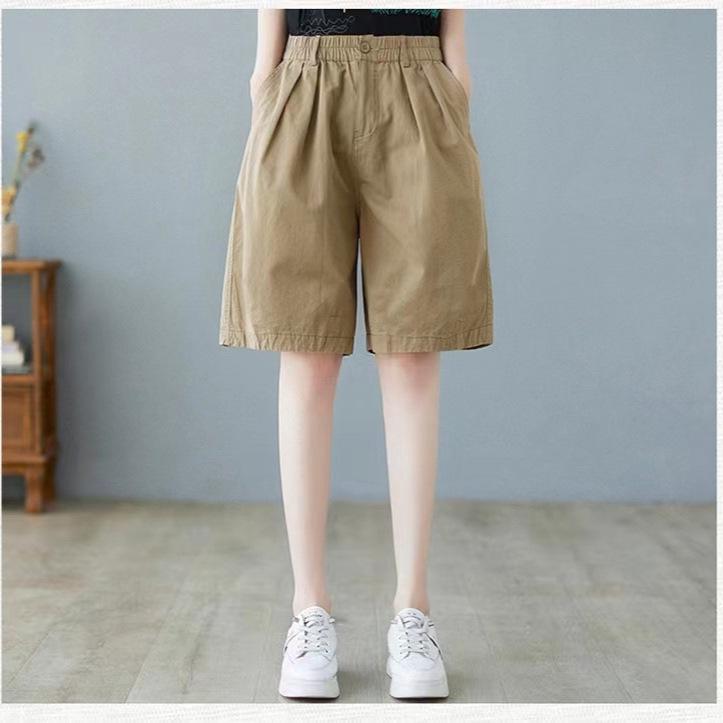 Women's Trendy Cotton Casual Loose-Fit Elastic Waist Shorts - Solid Color, Plus Size, Summer Style