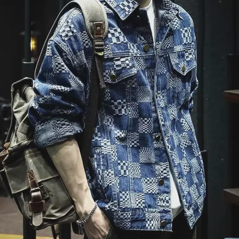 Мужская джинсовая куртка в синюю клетку в стиле ретро — стиль Гонконга, модная, свободного кроя, подходит для весны и осени.