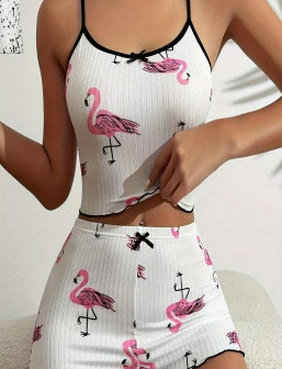 Women's Summer Cherry Print Milk Silk Camisole Sleepwear with Bowknot
