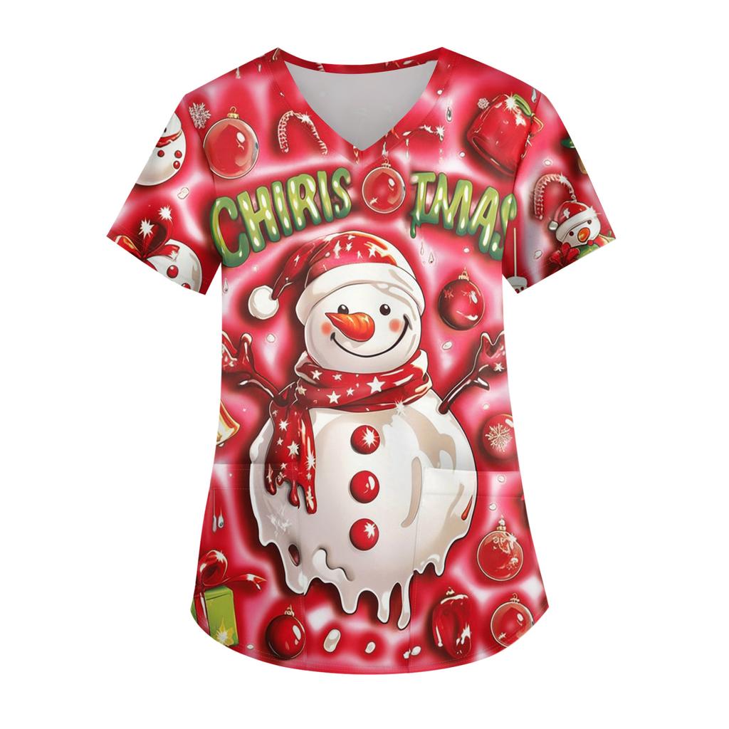 Ladies' Christmas Printed Fashionable V-neck Pocket Short Sleeved Uniform And Caregiver Top