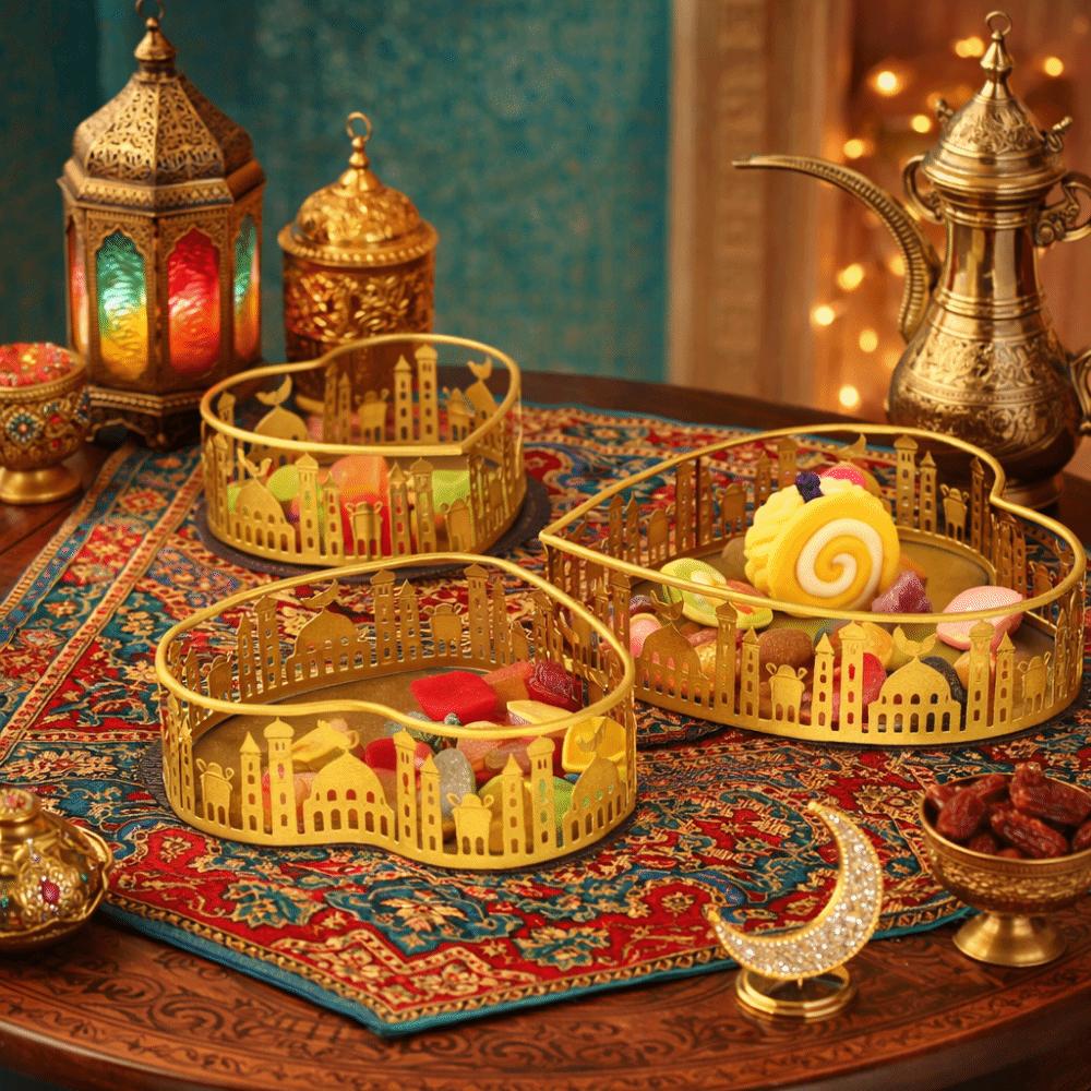 3Pcs Gold Color Ramadan Festival Art Tray Elegant Eid Candy Dish  Islamic Holidays