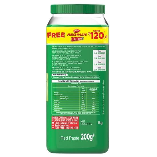 Dabur Glucose-D Juicy & Tasty - 1 кг порошка с красной пастой 200 г бесплатно | Мгновенная подзарядка энергией с 99,4% глюкозой | Витамин D помогает повысить иммунитет