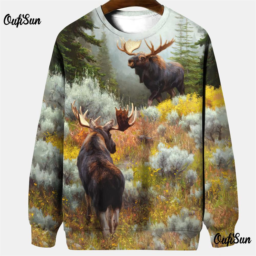 Толстовки с капюшоном для охоты для мужчин, одежда для активного отдыха, футболка с принтом лося 3D, свободный топ с длинным рукавом и круглым вырезом, мужской камуфляж