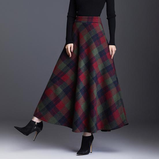 Женская шерстяная юбка с высокой талией и клетчатым принтом, юбка-трапеция, осень-зима, утолщенная юбка с большим подолом, повседневная одежда