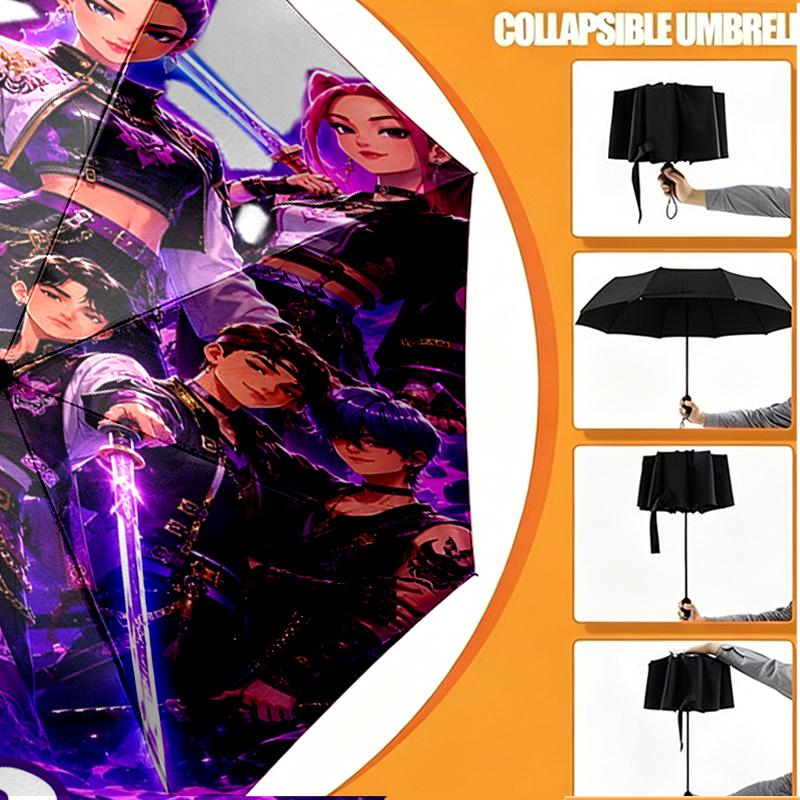 Custom Name Personalized KPop Hunters Print Umbrella, Auto Open Close, 8‑Rib Sturdy Frame, Commute Camping Hiking Use, Birthday Gift