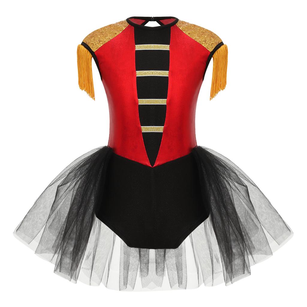 Girls Circus Ringmaster Costume Sleeveless Sequins Jumpsuit Tassels Open Back Short Unitard Dance Performance Wear