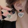 Fashion Crystal Rhinestones Heart Earrings for Women Black Enamel Love Drop Earrings Wedding Party Sweet Cute Hollow Jewelry