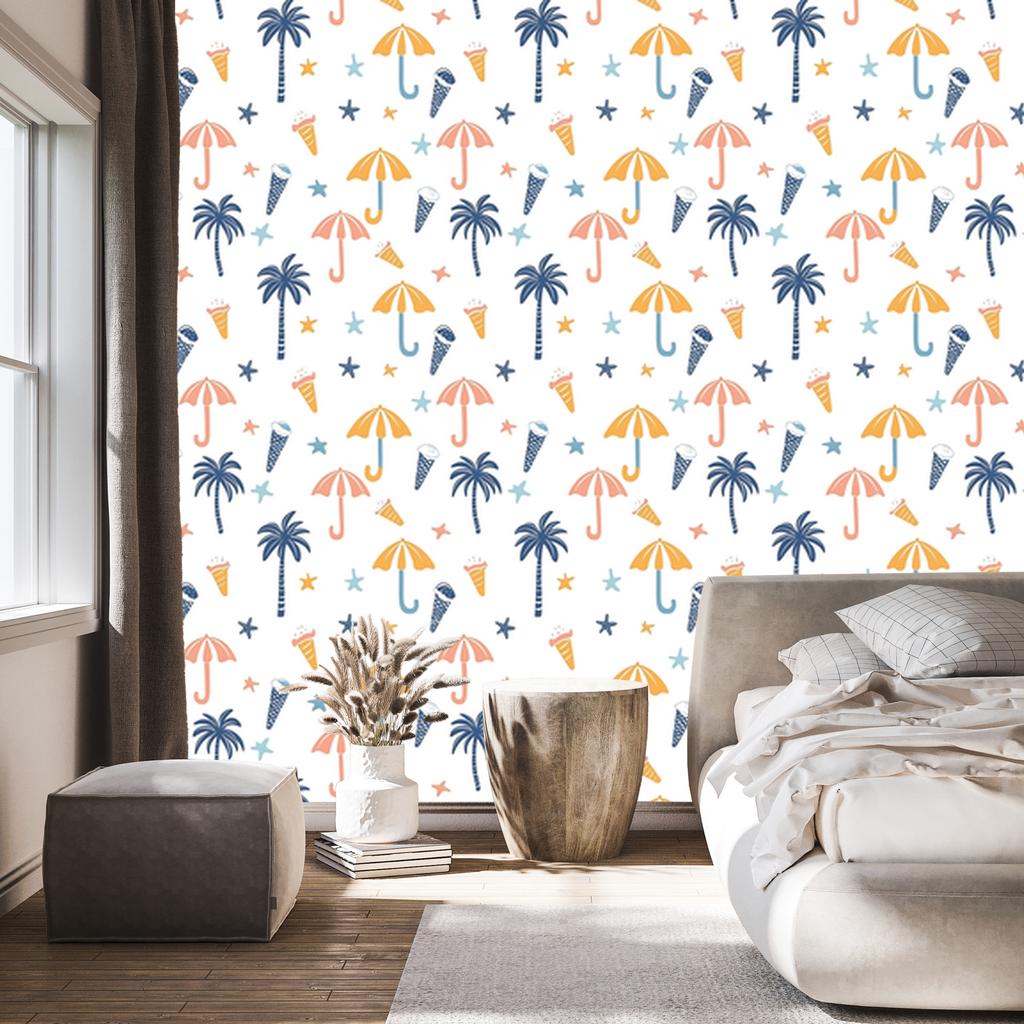 Summer wallpaper white, cream and blue for living room and bedroom 50x1000