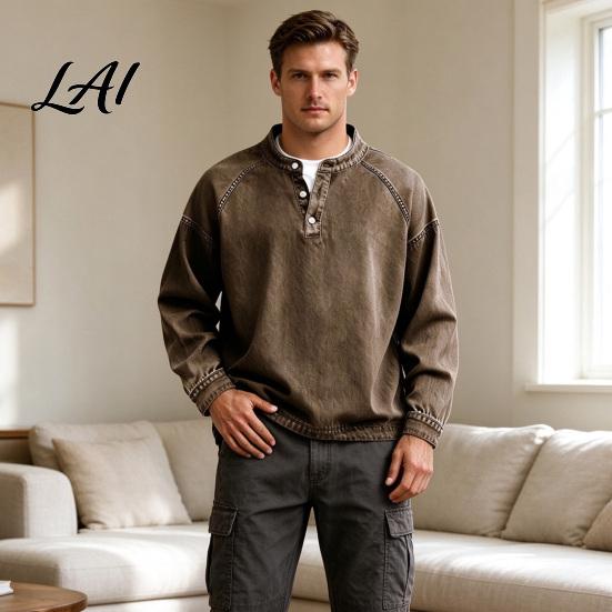Daily Errands Clothing Vintage Long Sleeve Men Tops Distressed Shirt Tops with V-Neck Easy Care Apparel Loose Fit Casual Fall Pullover for Everyday