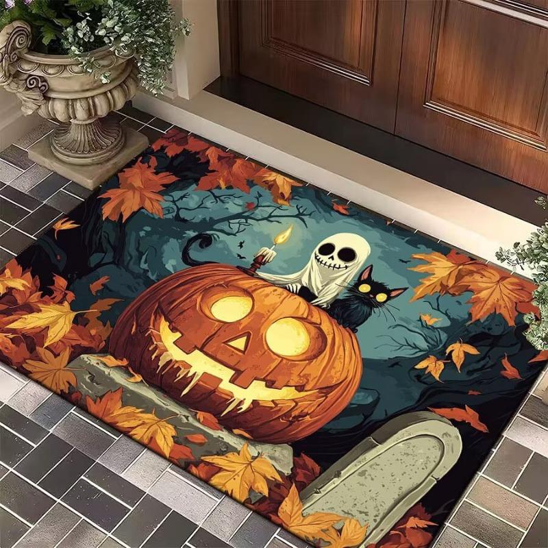Halloween Pumpkin Lamp and Elf Small Floor Mat Decoration Bathroom Carpet Kitchen Mat Home Living Room Entrance Rug Home Decor