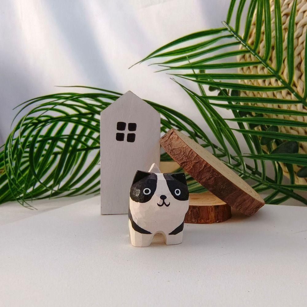 Mini Cat Dog Statues Painted Small Animal Dolls Desktop Accessories Wooden Animal Figurine Home