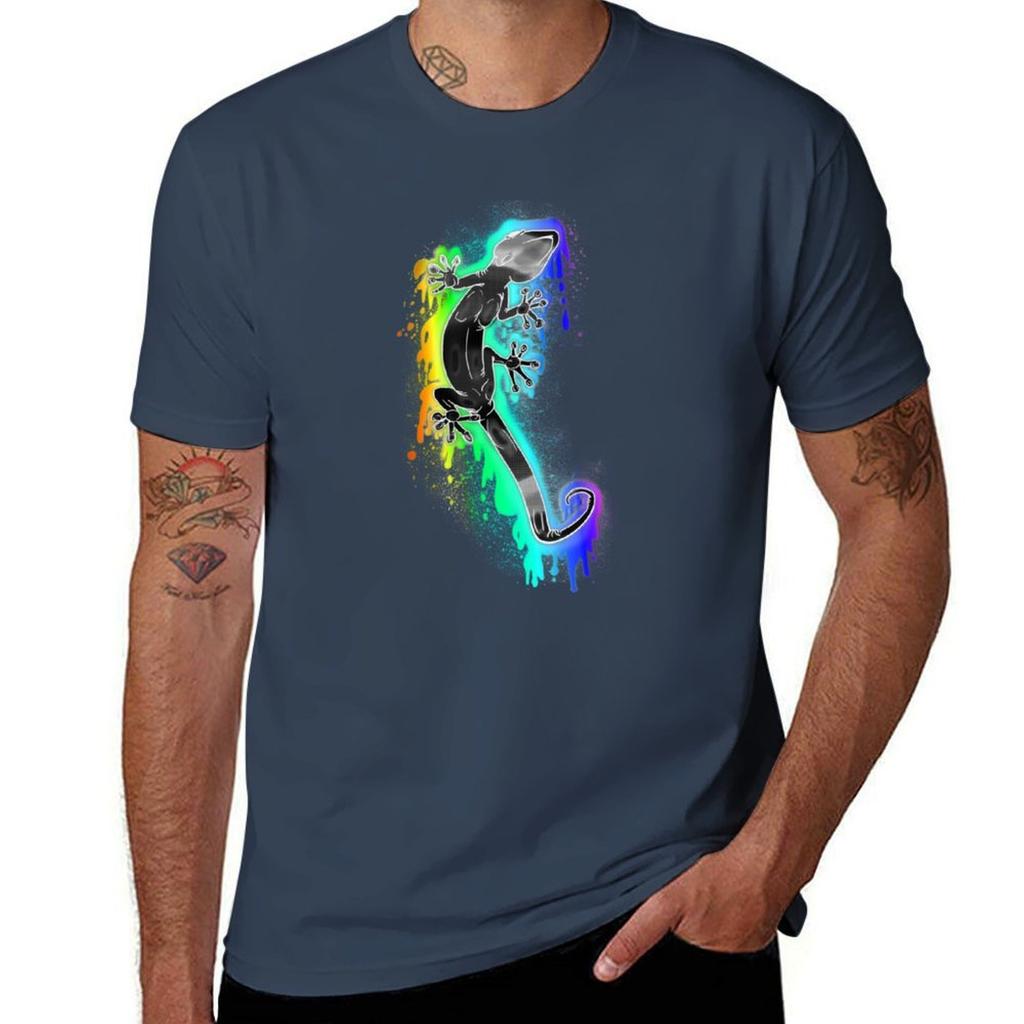 Black Graffiti Style Gecko On A Dripping Rainbow Ink Splat Tshirt Work Wear Simple Tee Shirt