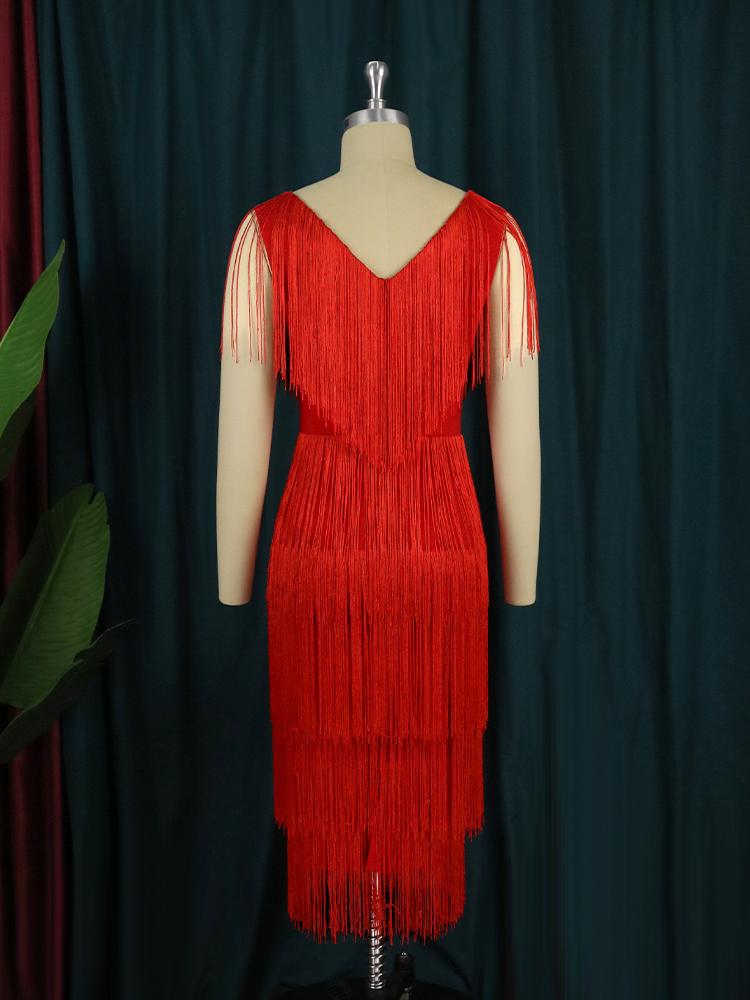AOMEI Red Tassel Hem Dresses V Neck Sleeveless Bodycon Layered Fringe Cocktail Party Gowns Outfits Plus Size