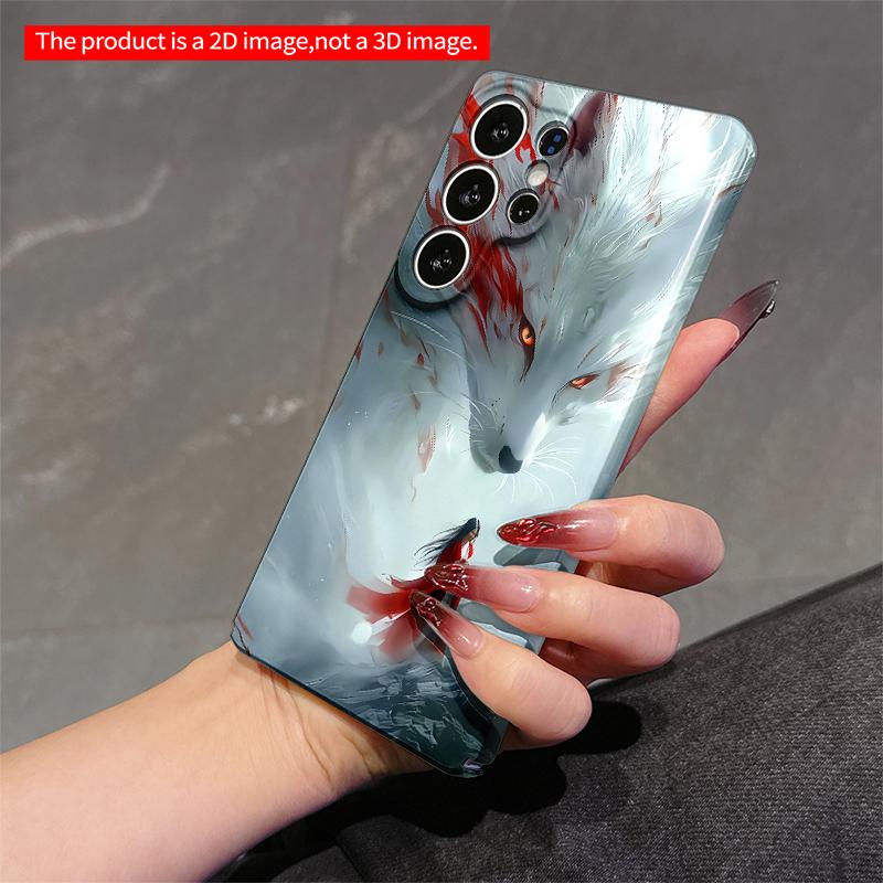 2DFlat Samsung phone case White Fox Guardian with Red Flames and Red-Cloaked Figure Applicable to Galaxy S22 S23 S24 S25ULTRA S26 A12 A13 A14 A15 A16