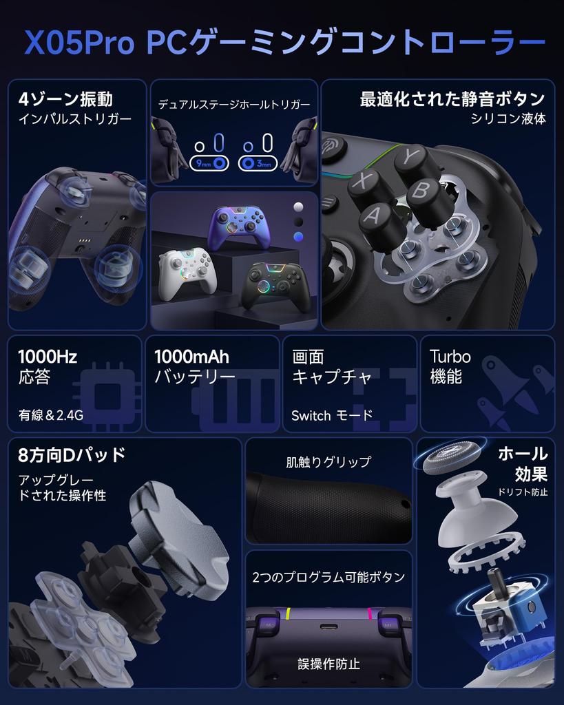 Беспроводной ПК-контроллер EasySMX X05PRO с частотой опроса 1000 Гц, RGB-подсветкой для Steam, Switch и ПК, триггеры двойного уровня, частота, подсветка, кнопки с мягким тоном,