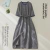 Summer 2023 Cotton Linen Plaid Belted Dress - Retro, Slimming, Plus Size, Mid-Length