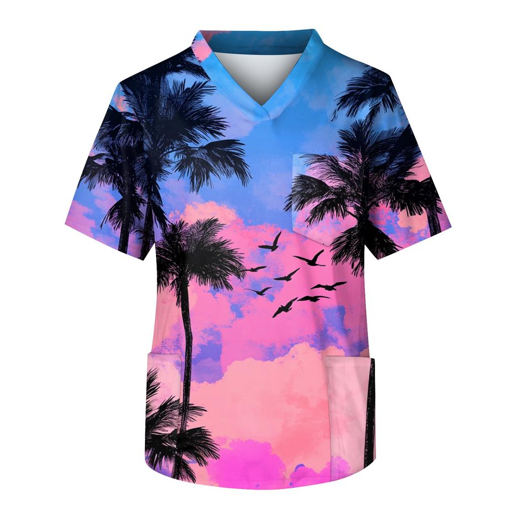 Men's Short Sleeve V-Neck Print Chest Pocket Care Top